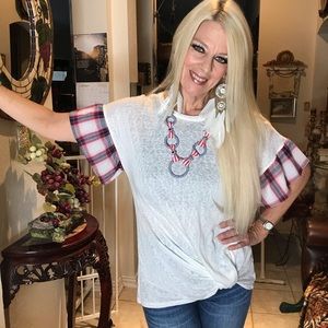 🎯Sheer White Sun N Moon Top with Plaid sleeves